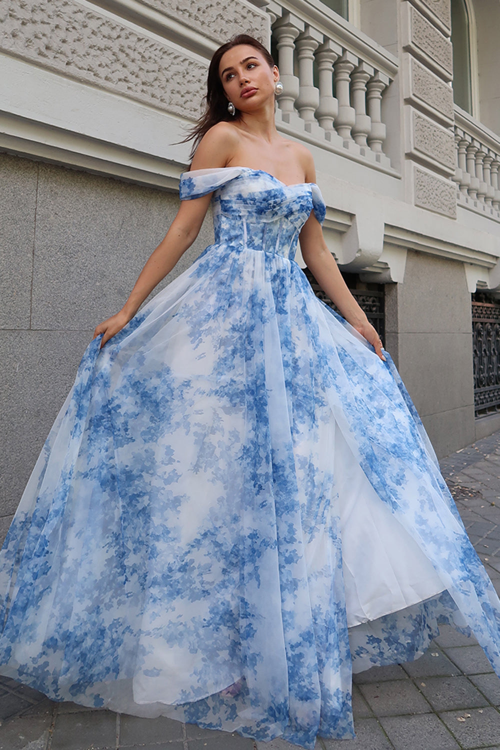 White Blue Flower Off the Shoulder A-Line Bridesmaid Dress with Slit
