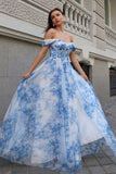 White Blue Flower Off the Shoulder A-Line Bridesmaid Dress with Slit