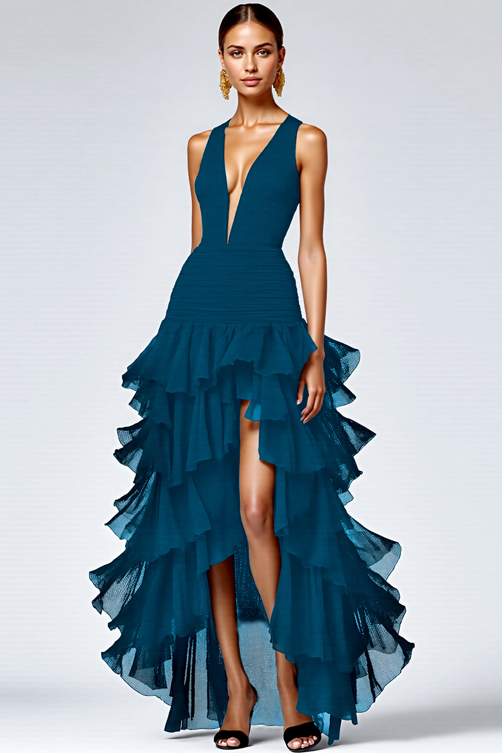Black V Neck Long Formal Dress With Slit