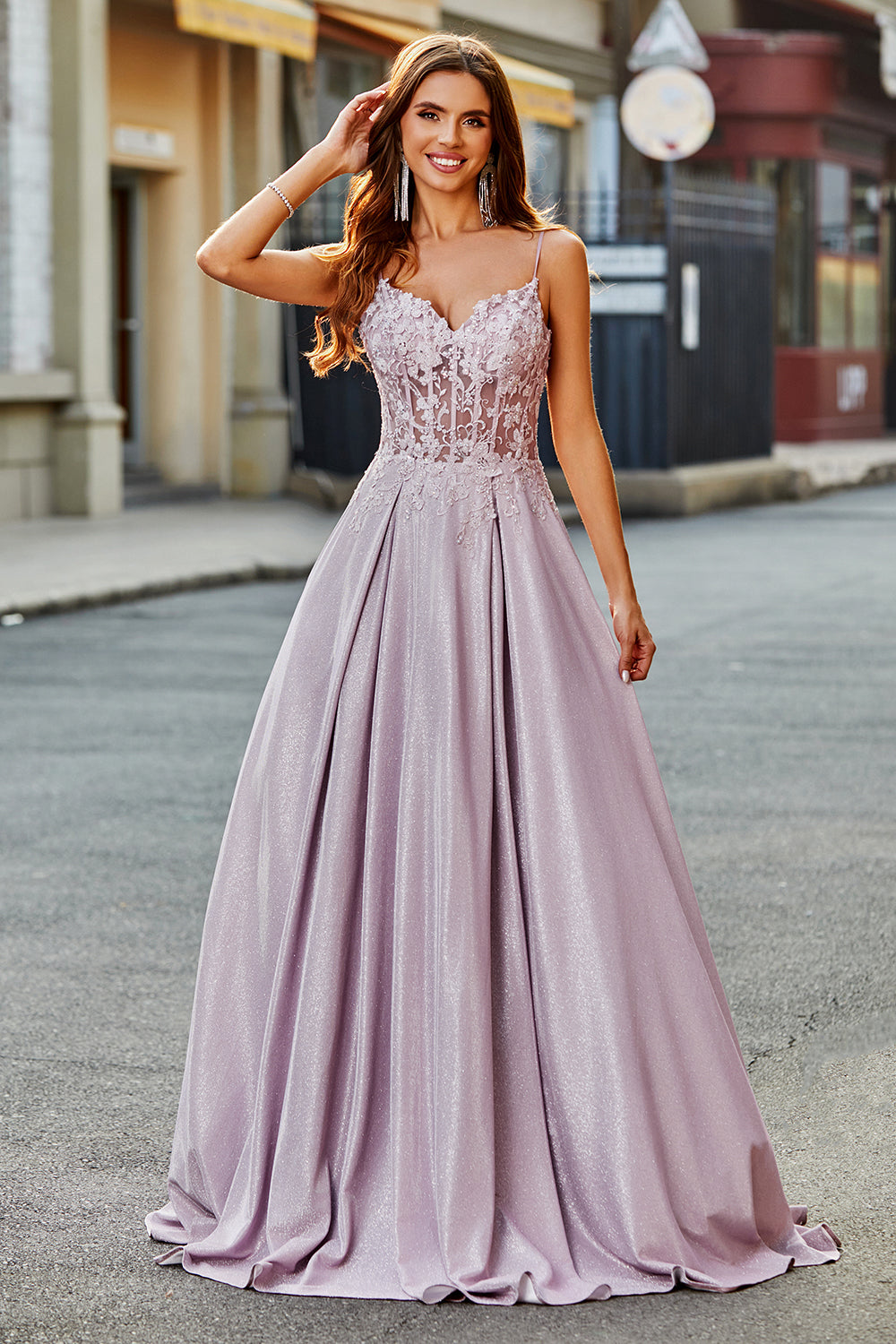 Glitter Spaghetti Straps Blush Prom Dress with Beading
