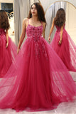 Spaghetti Straps A Line Fuchsia Prom Dress with Appliques