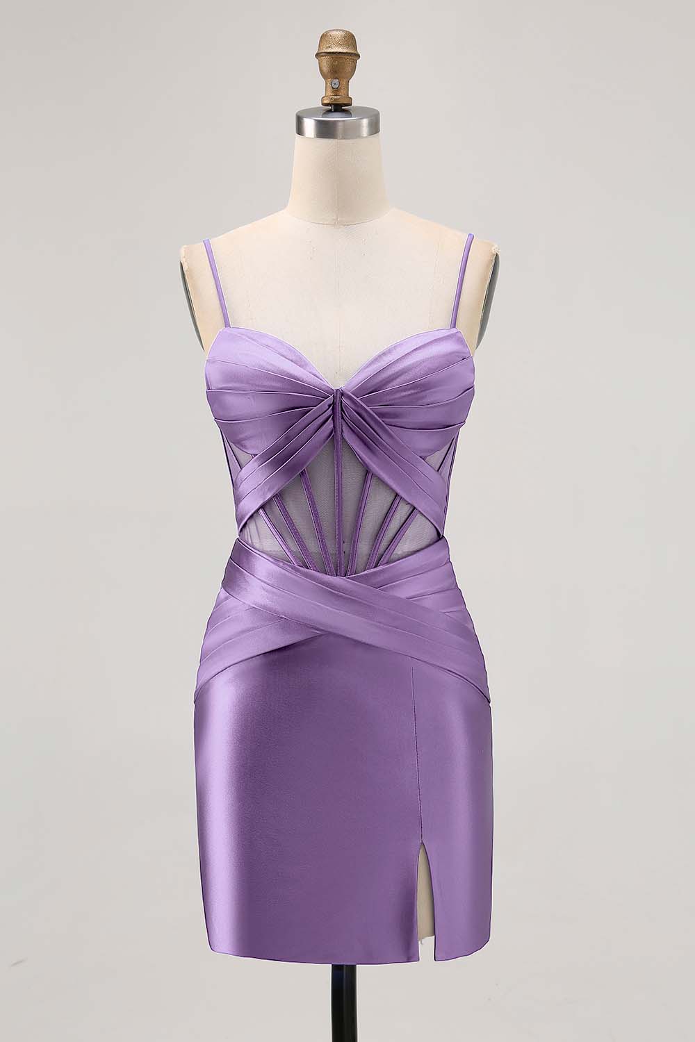 Royal Blue Sheer Corset Pleated Tight Short Prom Dress with Slit