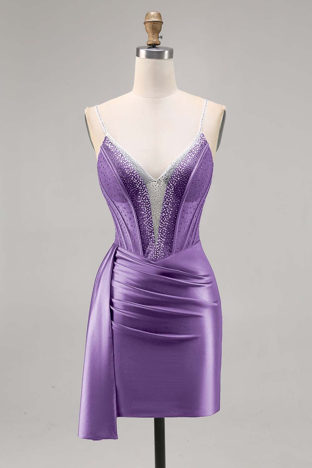 Navy Satin Beaded Corset Cocktail Dress with Sash