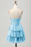 Fuchsia Strapless Corset Tiered A Line Short Prom Dress
