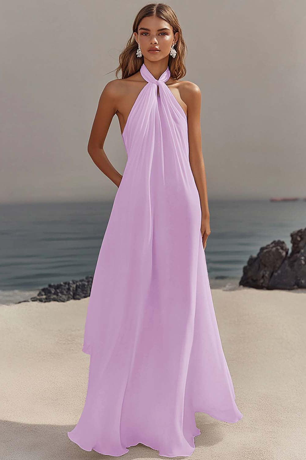White Sheath Halter Chiffon Long Graduation Dress