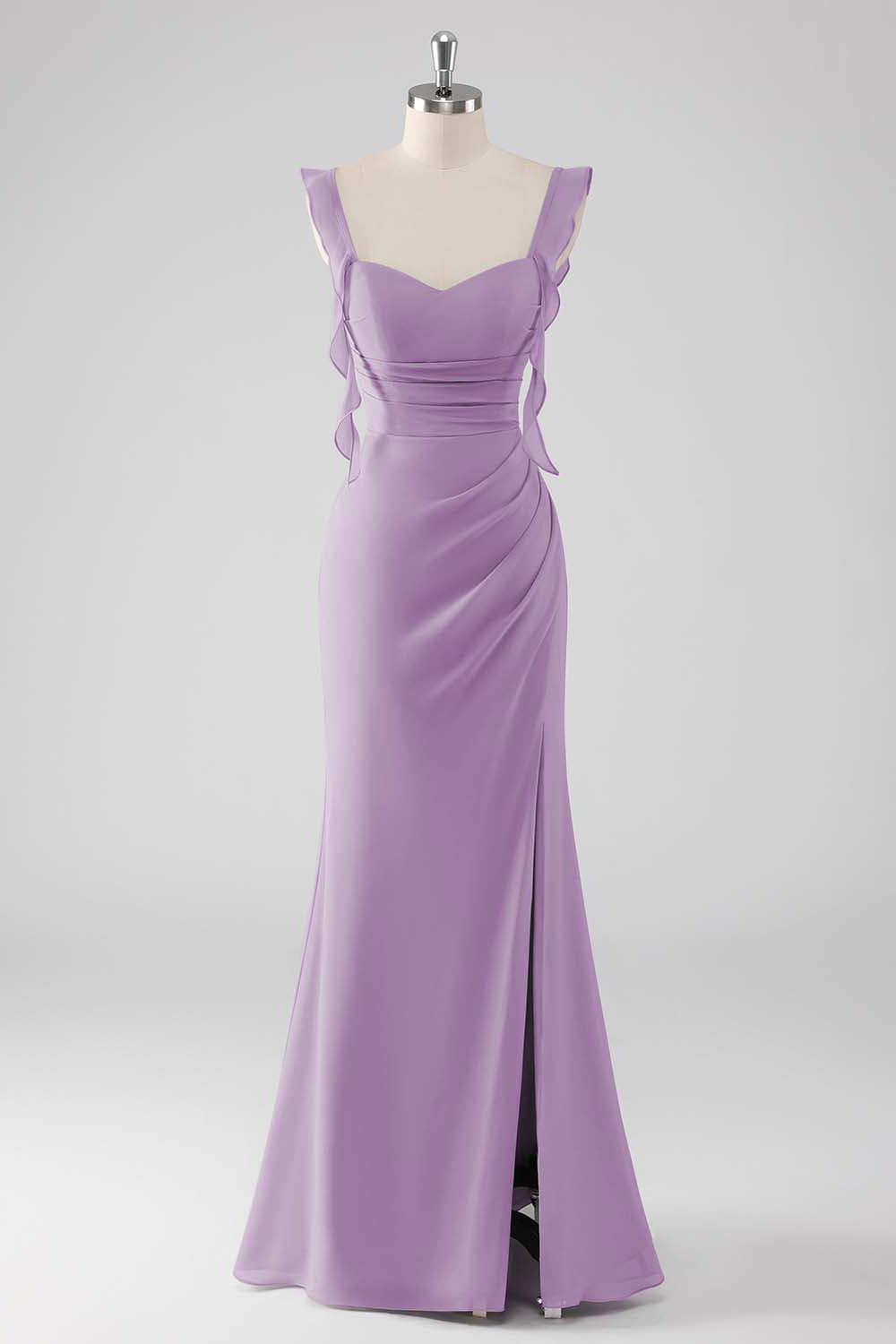 Dusty Blue Ruffled Sheath Lace-Up Back Long Bridesmaid Dress with Slit