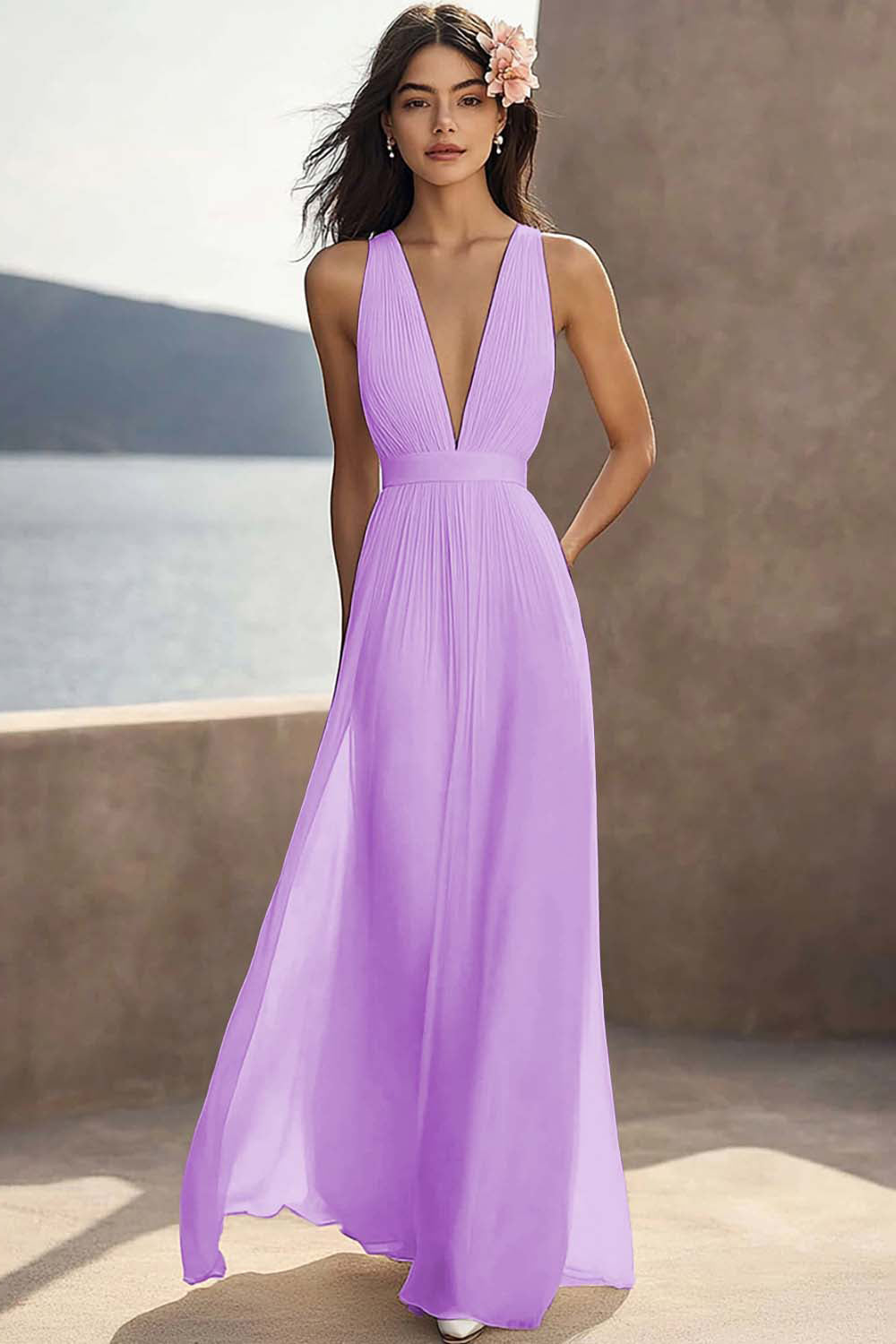 Ivory Ruched Chiffon Deep V-Neck Maxi Beach Engagement Dress