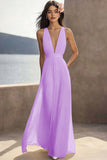 Ivory Ruched Chiffon Deep V-Neck Maxi Beach Engagement Dress