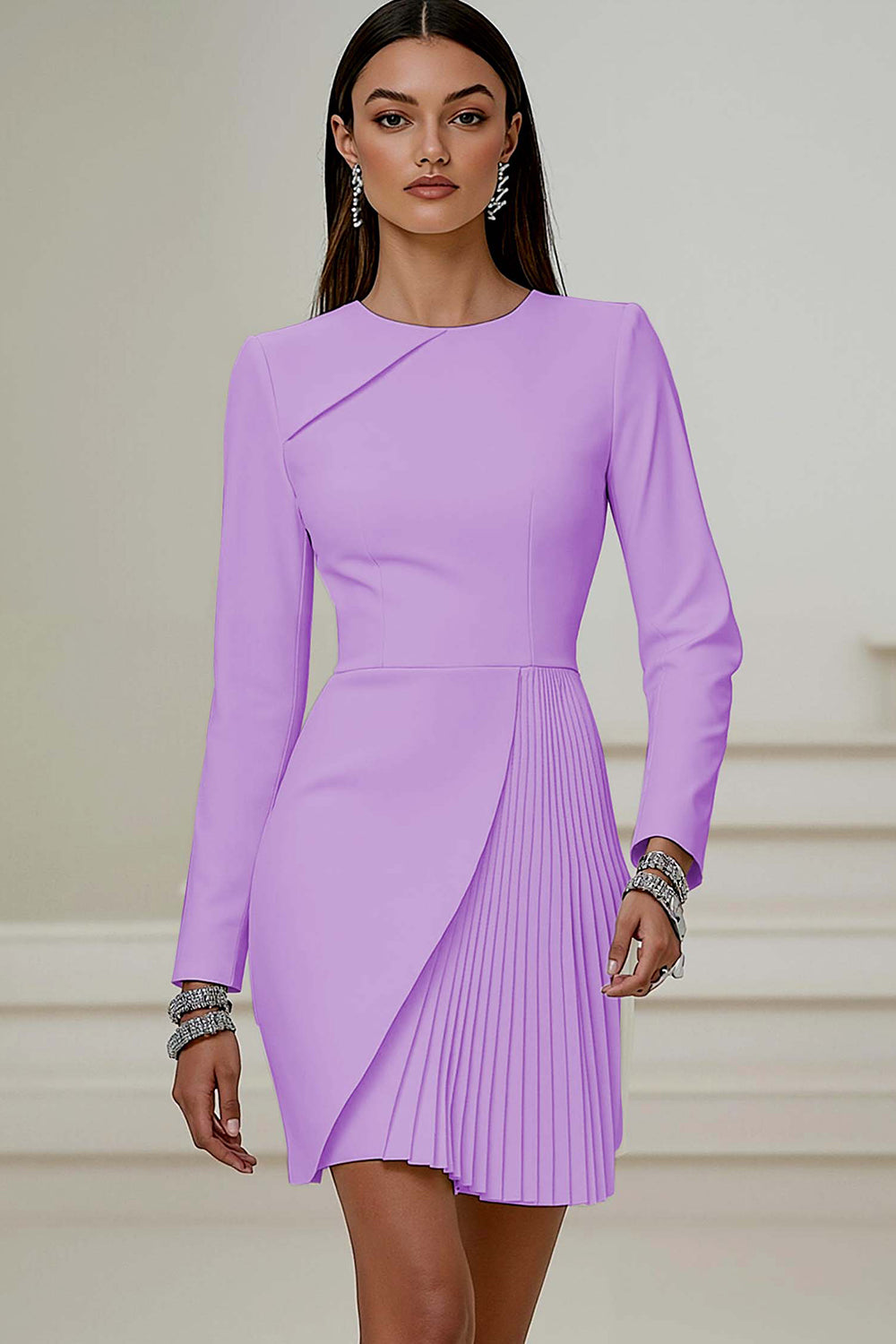 Ivory Asymmetrical Pleated Work Dress with Long Sleeves