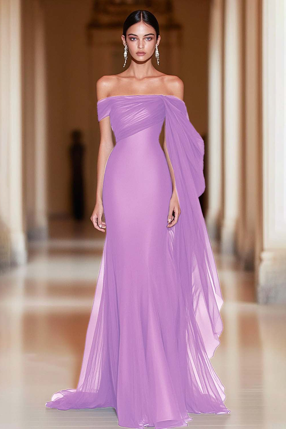 Cabernet Off the Shoulder Mermaid Tulle Long Military Ball Dress