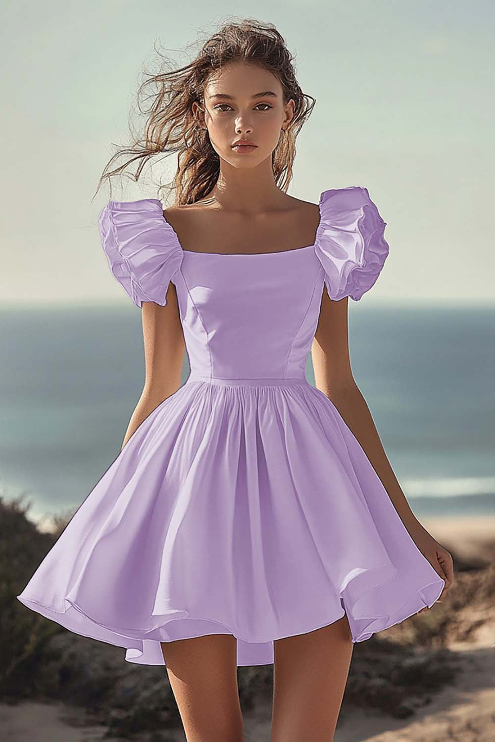 A Line White Puff Sleeves Ruched Short Graduation Dress