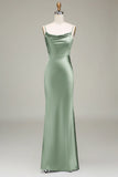 Dusty Blue Sheath Spaghetti Straps Satin Long Bridesmaid Dress
