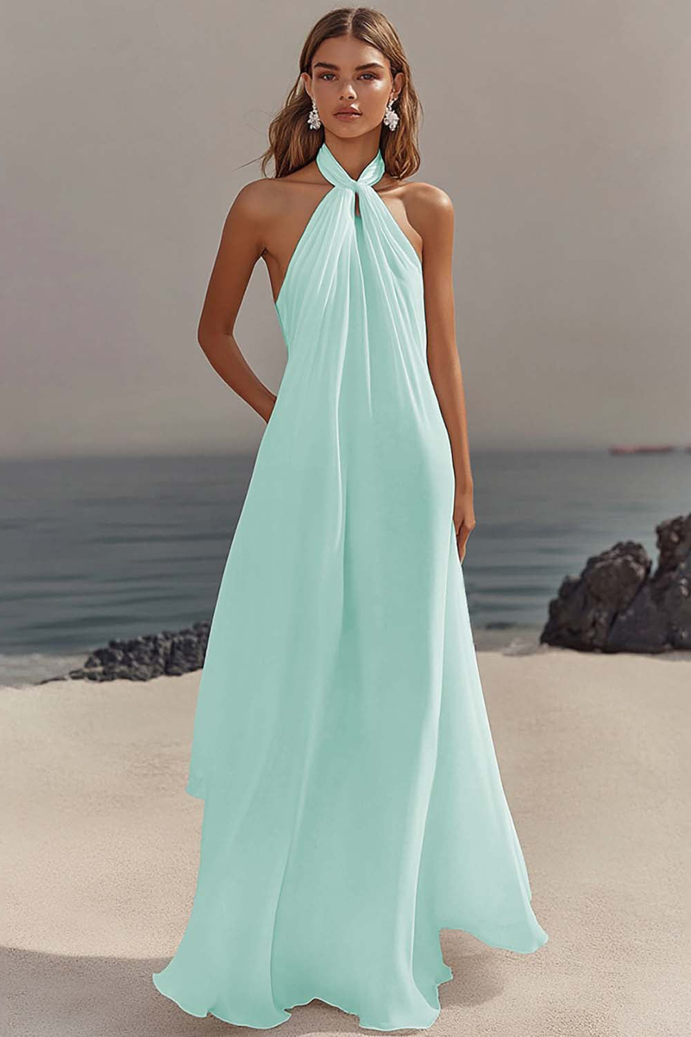 Elegant Sky Blue Halter Chiffon Formal Dress