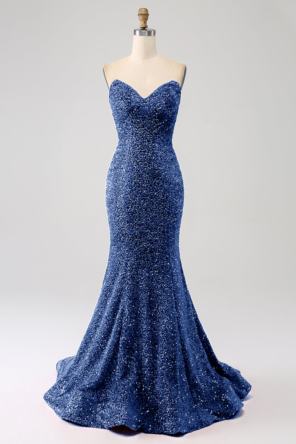 Navy Sweetheart Neck Sequined Mermaid Prom Dress With Sweep Train