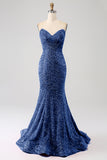 Navy Sweetheart Neck Sequined Mermaid Prom Dress With Sweep Train