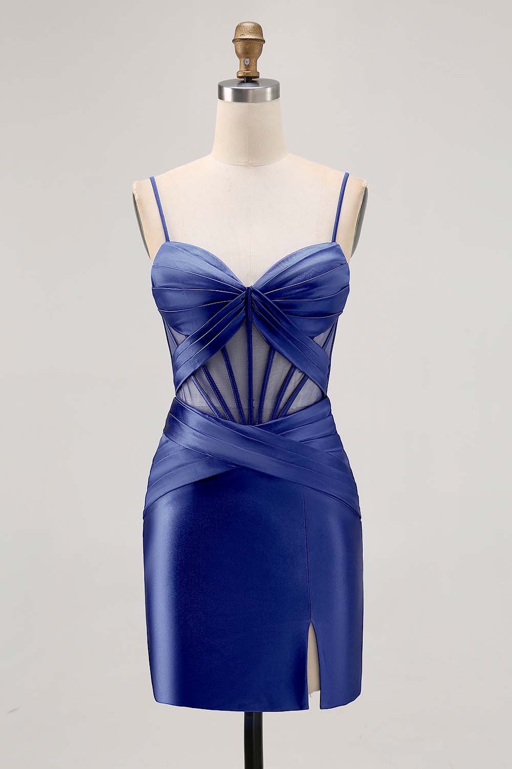 Royal Blue Sheer Corset Pleated Tight Short Prom Dress with Slit