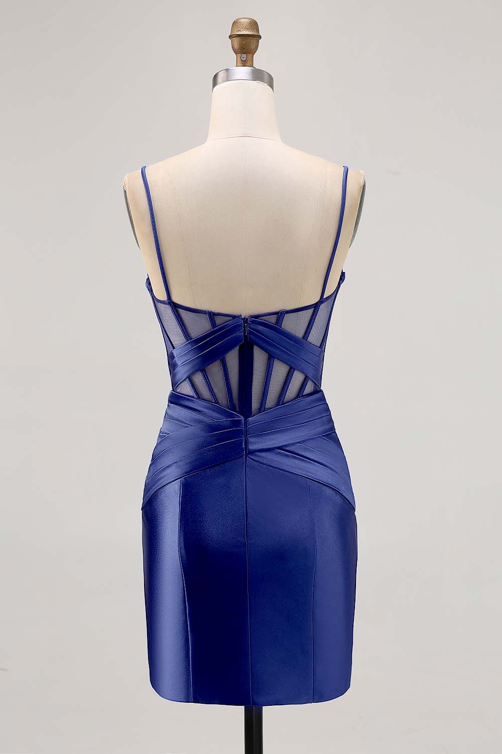 Royal Blue Sheer Corset Pleated Tight Short Prom Dress with Slit
