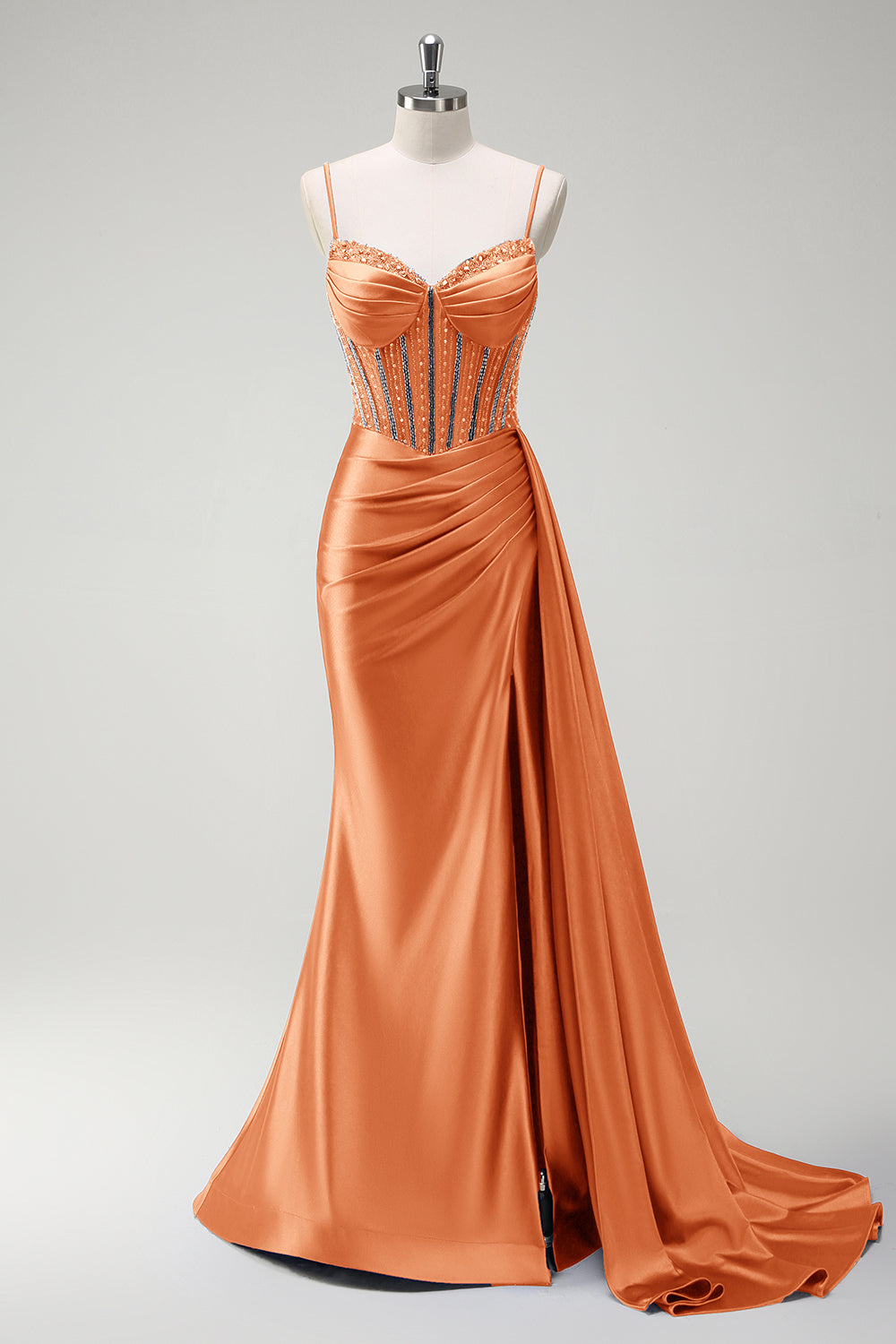 Sparkly Purple Mermaid Beaded Corset Ruched Satin Long Prom Dress with Slit