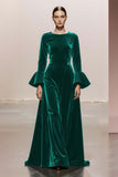 Dark Green A-Line Round Neck Long Sleeves Velvet Military Ball Dresses
