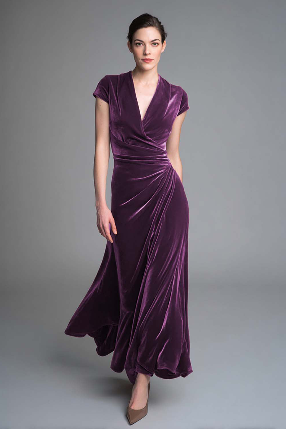Velvet Caramel Ruched V Neck Long Holiday Party Dress