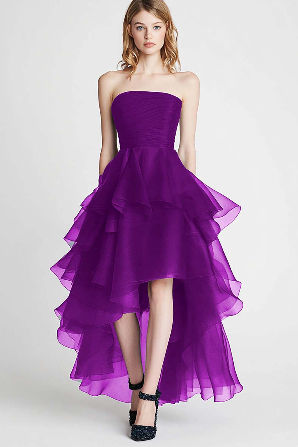 Organza A Line Navy Strapless Tiered Formal Dress