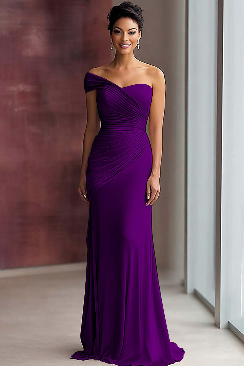 Light Khaki One Shoulder Pleated Sheath Formal Dress
