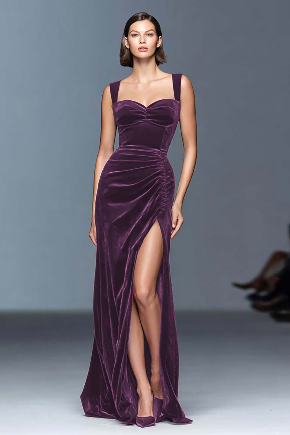 Burgundy A-Line Velvet Ruched Long Formal Dress