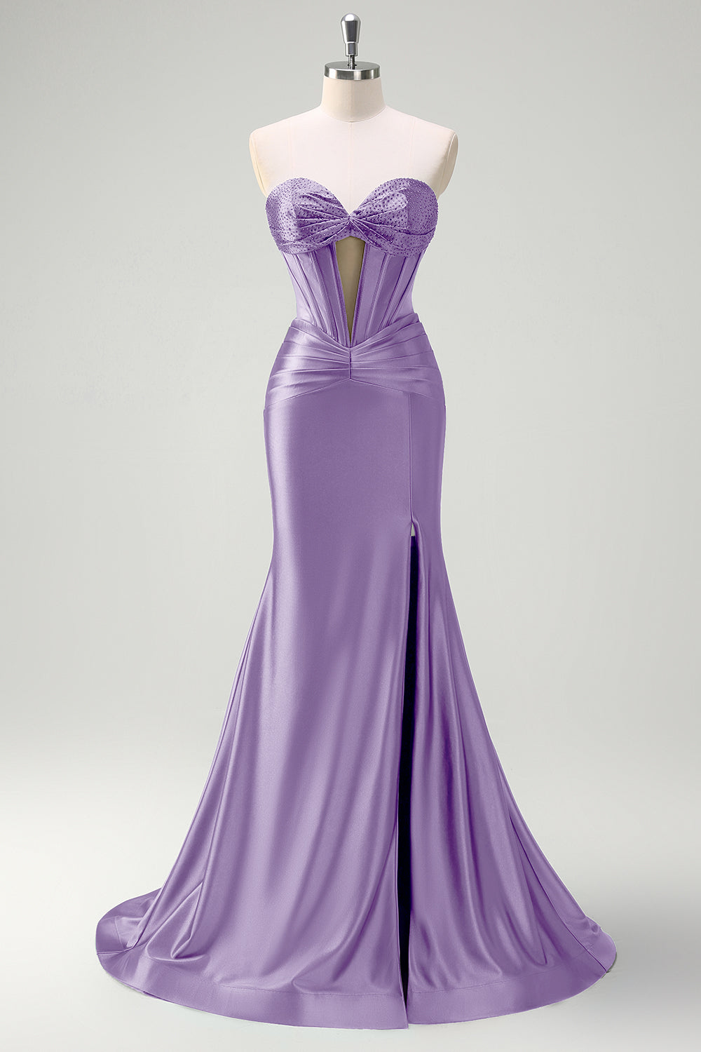 Sparkly Sage Mermaid Strapless Beaded Corset Ruched Satin Prom Dress with Slit