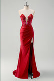 Sparkly Green Mermaid Strapless Corset Long Prom Dress with Slit