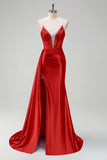Dark Green Mermaid V-Neck Watteau Train Corset Beaded Prom Dress with Slit