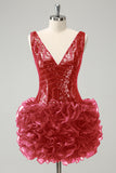 Glitter Dark Green V Neck Sequins Homecoming Dress with Detachable Ruffles
