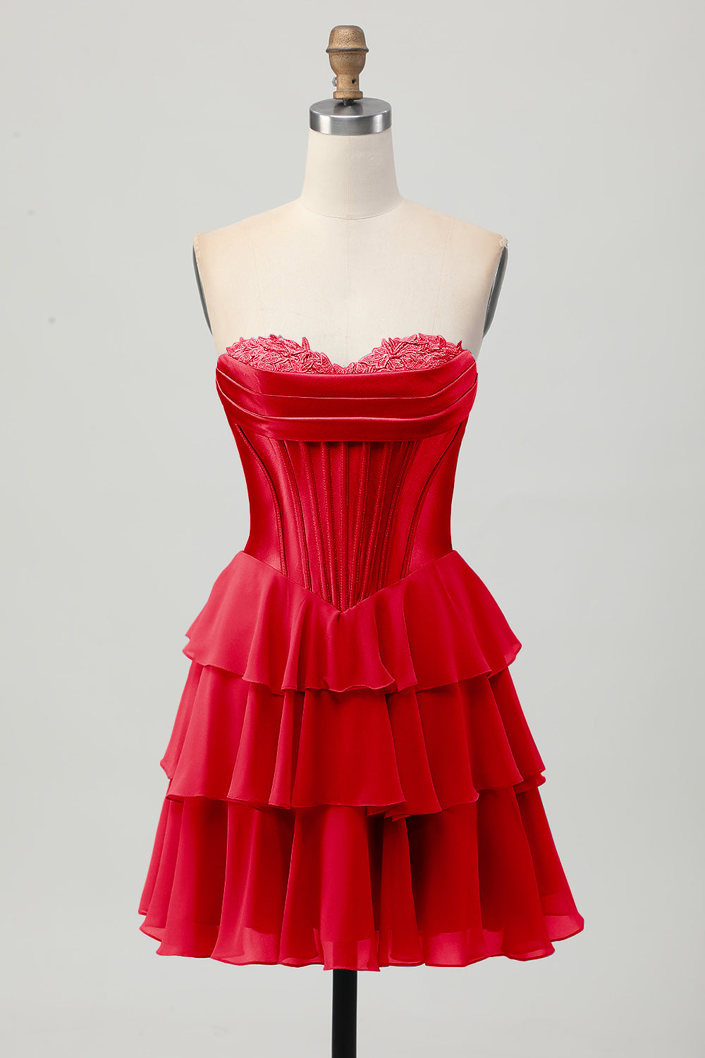 Fuchsia Strapless Corset Tiered A Line Short Prom Dress