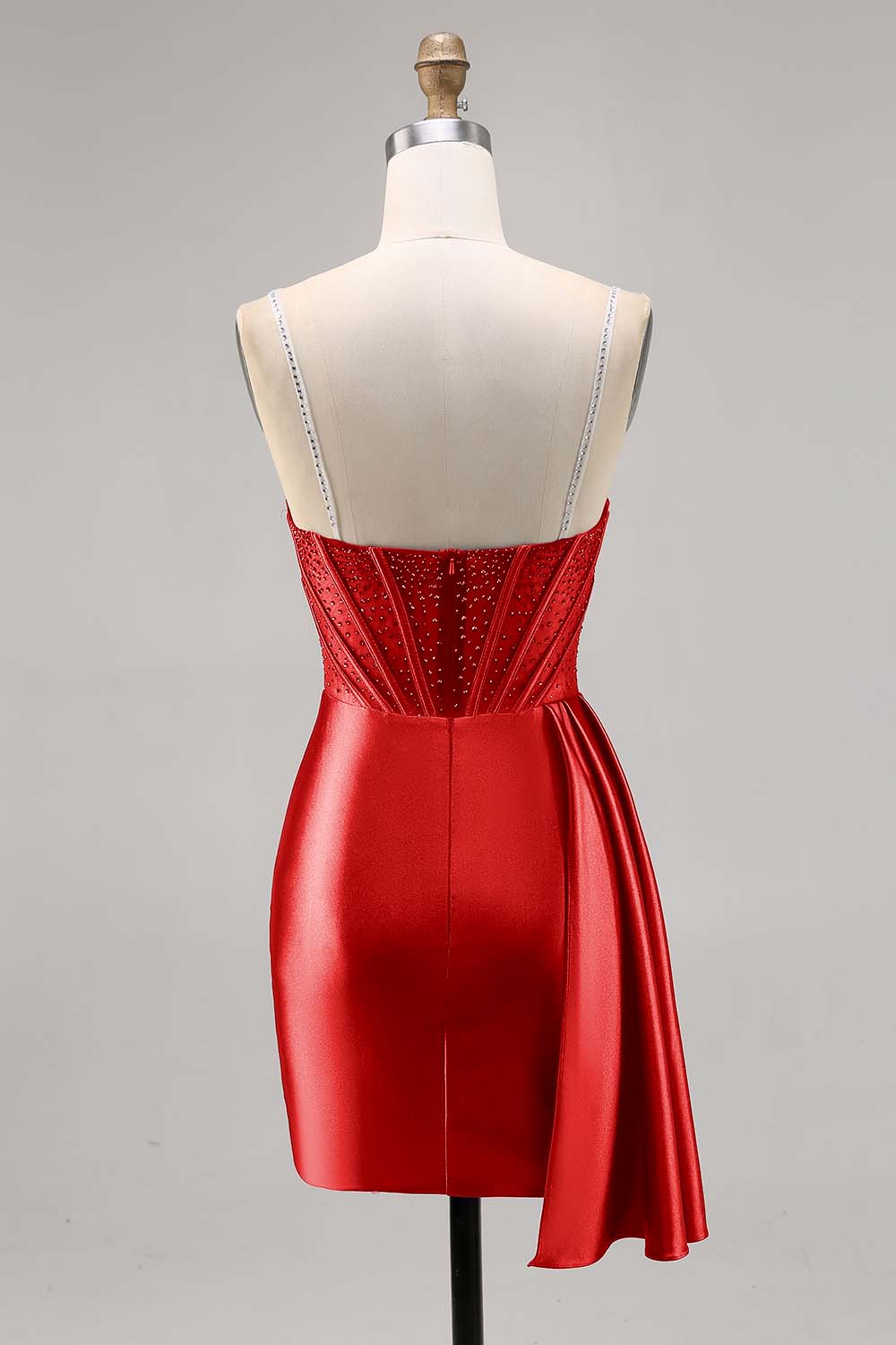 Navy Satin Beaded Corset Cocktail Dress with Sash