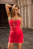 Strapless Cut Out Fuchsia Beaded Tight Cocktail Dress