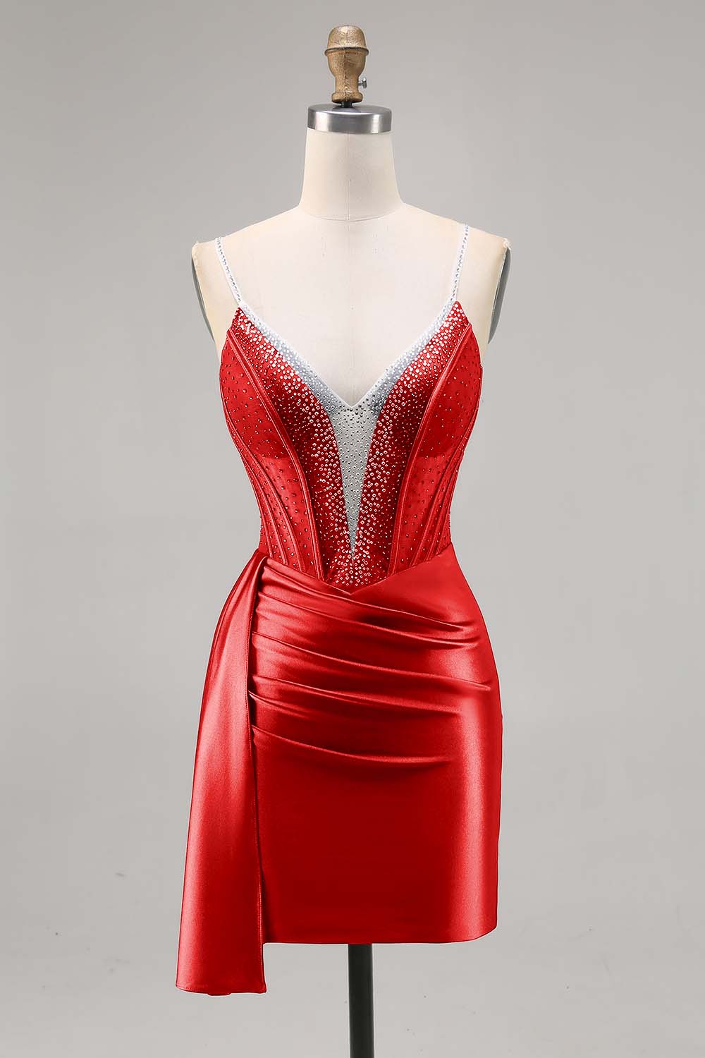Navy Satin Beaded Corset Cocktail Dress with Sash