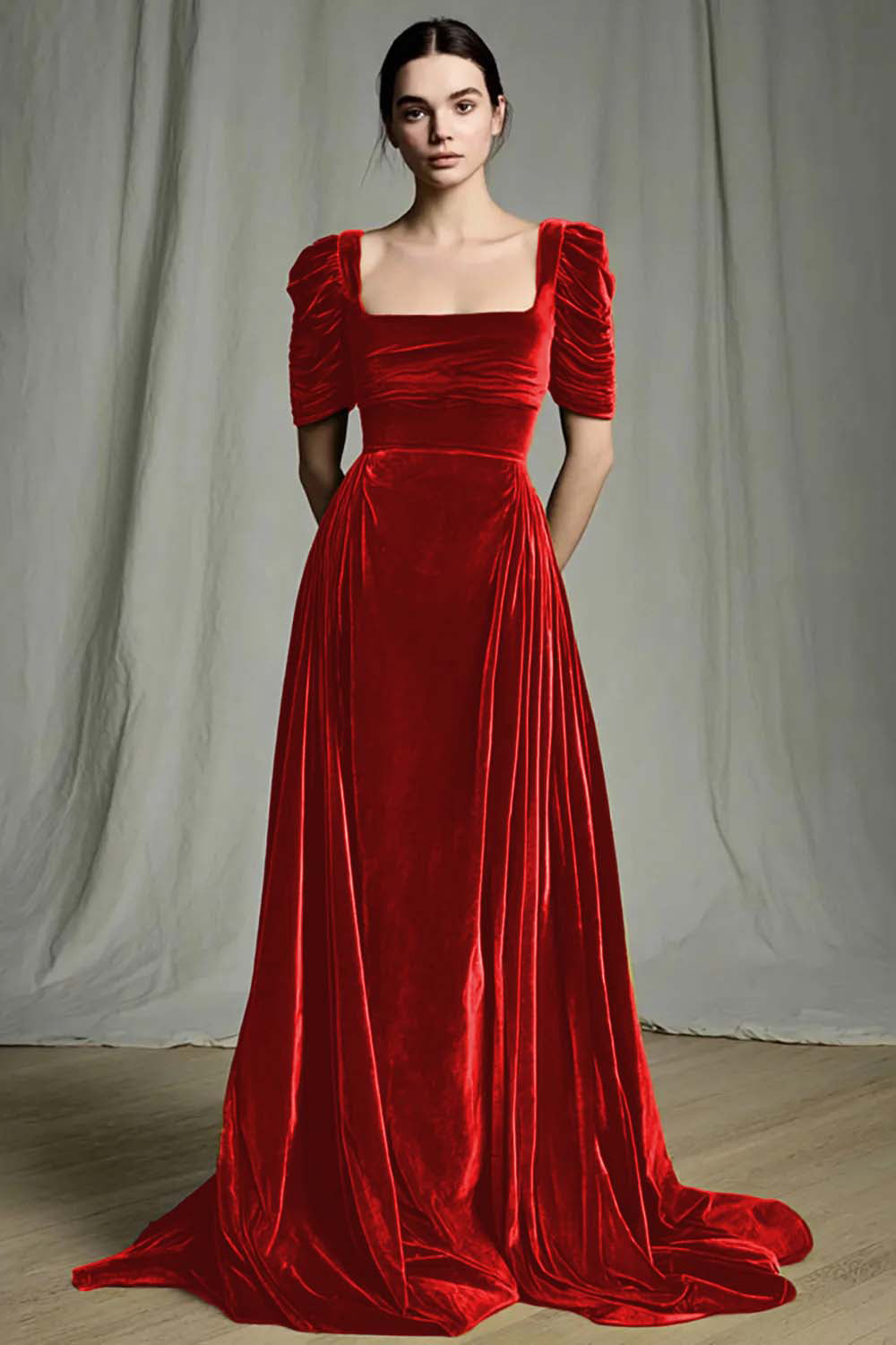 Olive A-Line Square Neck Velvet Long Formal Dress