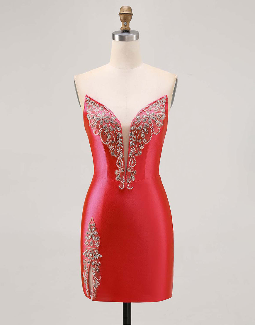 Fuchsia Strapless Beaded Bodycon Short Prom Dress with Slit