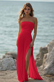 Strapless White A Line Pleated Beach Dress with Slit