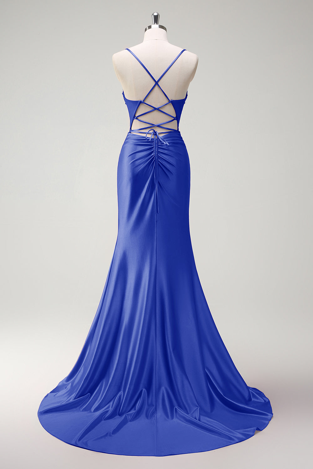 Sparkly Dark Green Mermaid Spaghetti Straps Beaded Corset Satin Long Prom Dress with Slit
