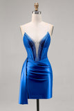 Navy Satin Beaded Corset Cocktail Dress with Sash