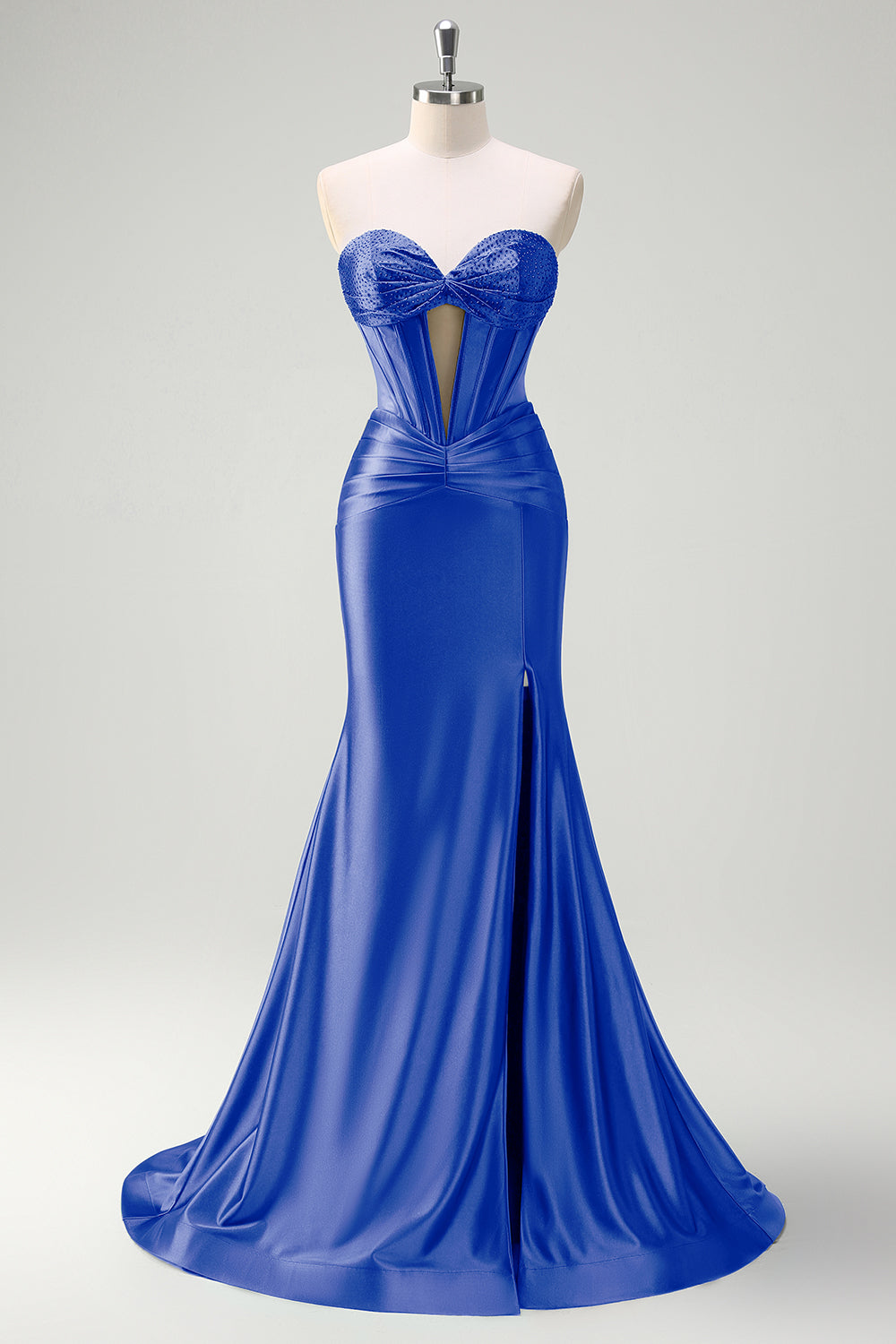 Sparkly Sage Mermaid Strapless Beaded Corset Ruched Satin Prom Dress with Slit