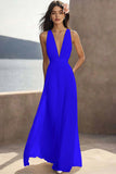 Ivory Ruched Chiffon Deep V-Neck Maxi Beach Engagement Dress