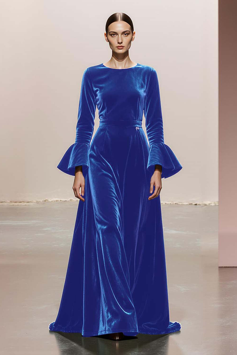 Dark Green A-Line Round Neck Long Sleeves Velvet Military Ball Dresses