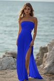 Strapless White A Line Pleated Beach Dress with Slit