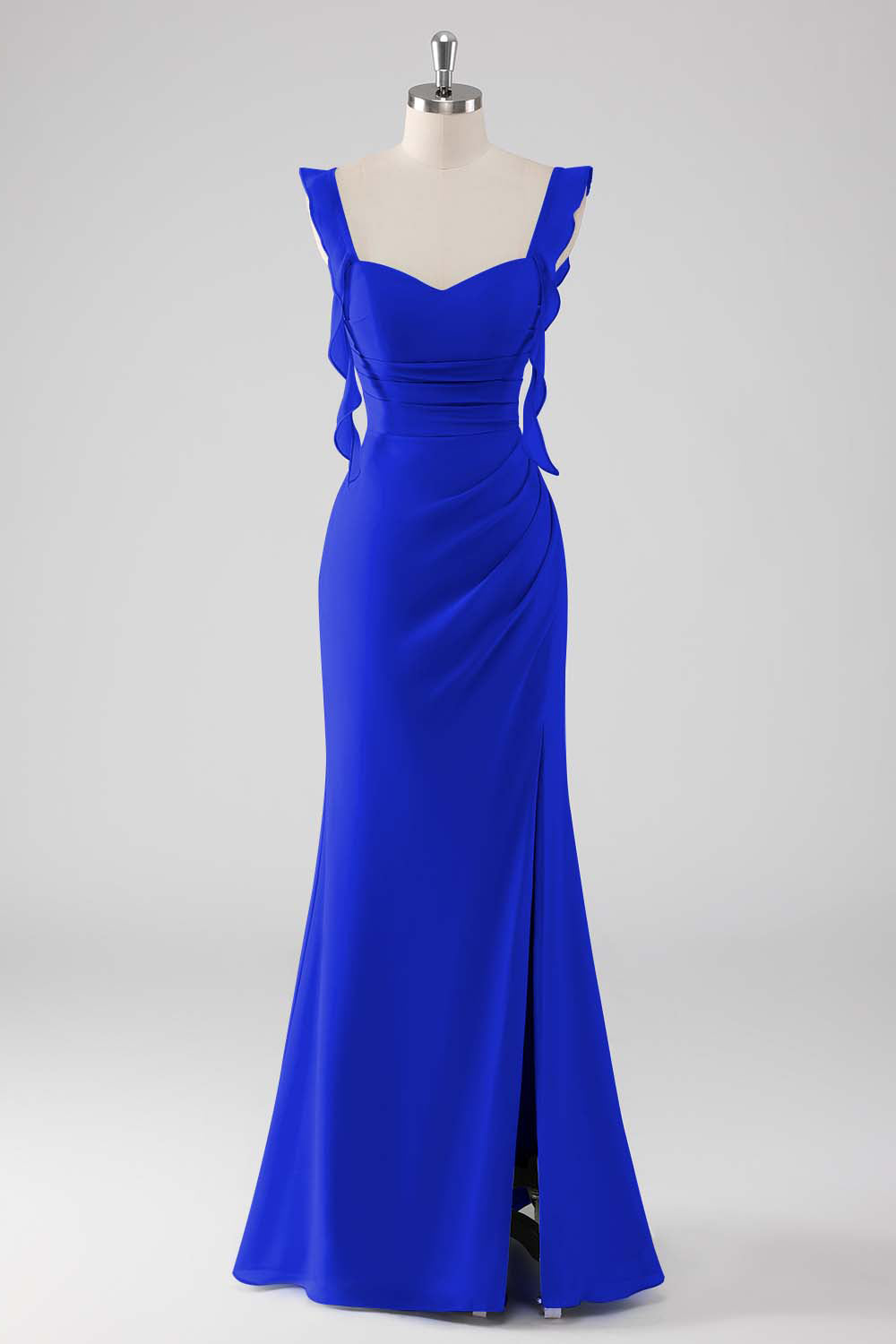 Dusty Blue Ruffled Sheath Lace-Up Back Long Bridesmaid Dress with Slit