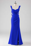 Dusty Blue Ruffled Sheath Lace-Up Back Long Bridesmaid Dress with Slit