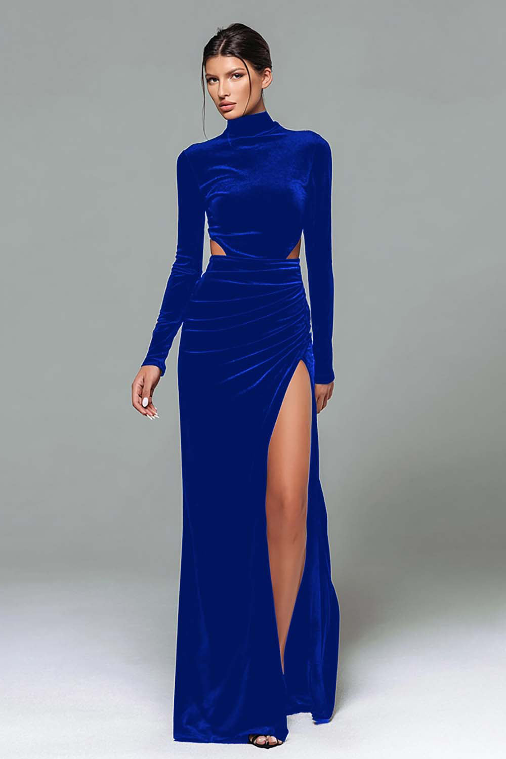 Black Velvet High Neck Long Sleeves Holiday Party Dress with Slit