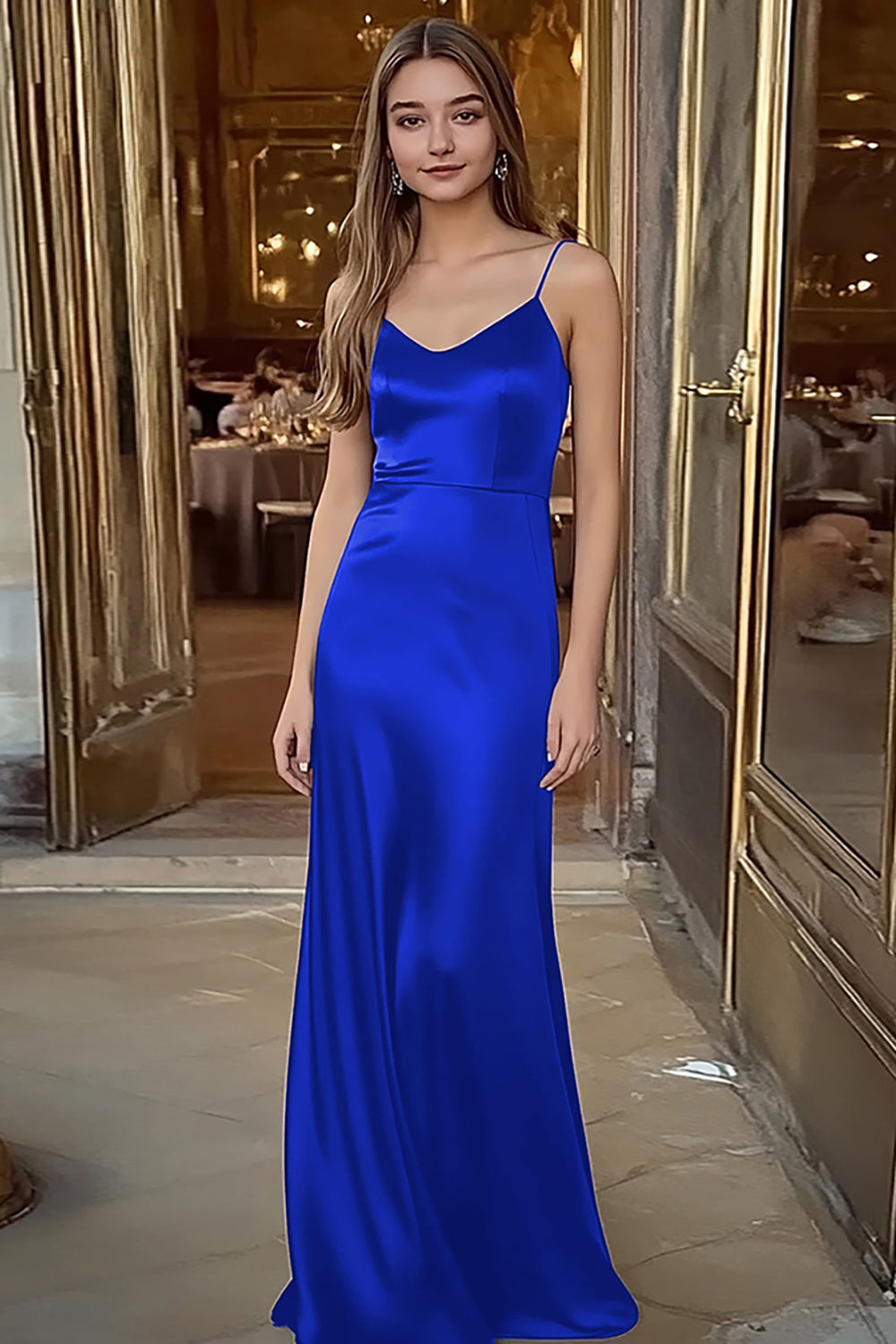 Spaghetti Straps Coffee Satin Long Formal Dress