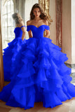 Black Princess Off The Shoulder Tiered Ruffled Long Prom Dress