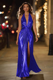 Gold Halter Metallic Ruched Long Formal Dress wth Slit